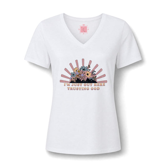 I'm Just Out Here Trusting God V-neck | Faith & Hope Inspirational T-Shirt